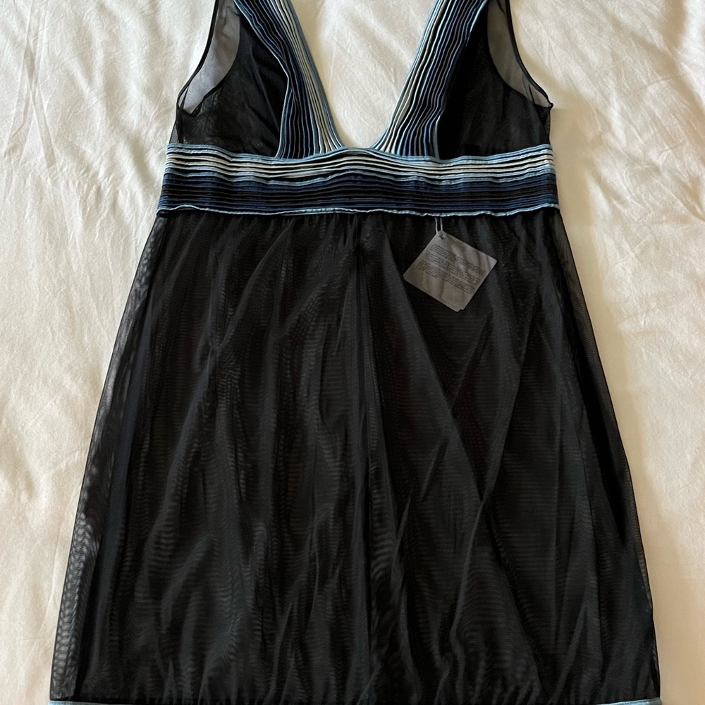 La Perla Tulle Nervure Collection Black With Blues Trim Sheer Trim Negligee SzL - Picture 2 of 9